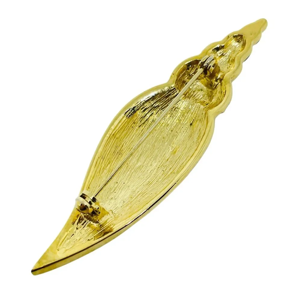 Vintage gold tone enamel rhinestones seashell designer brooch